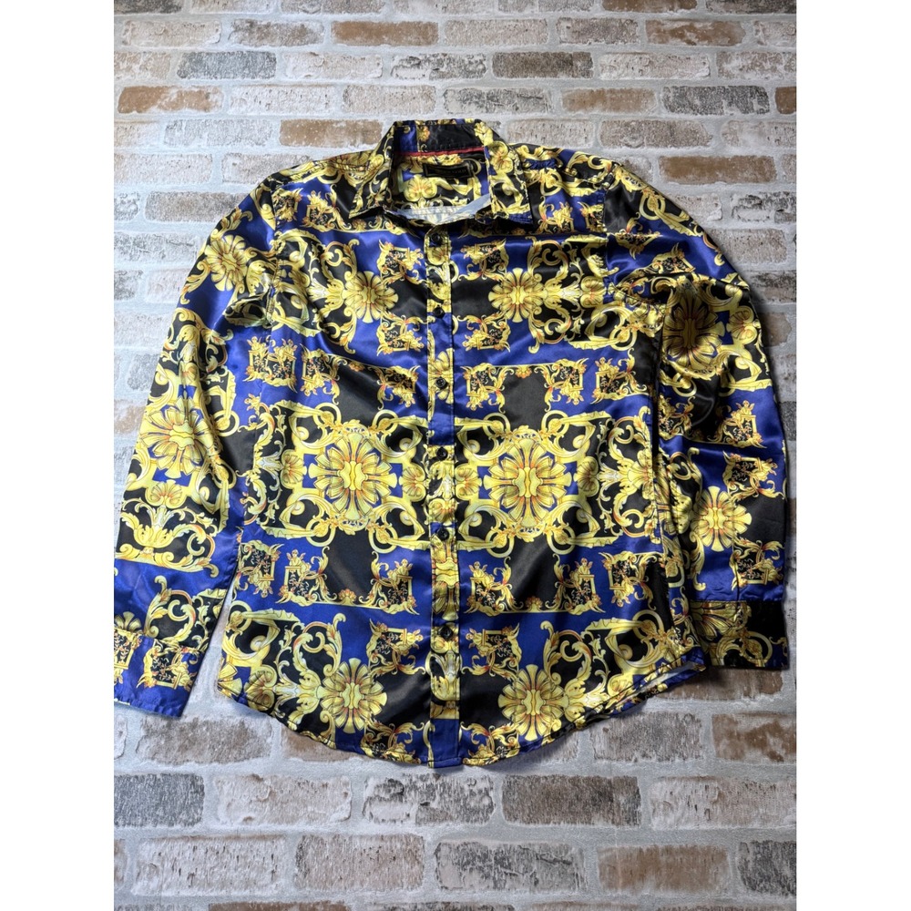 Baroque Gold by Drill Clothing Co Mens Small Blue Gold Satin Button Down Shirt